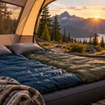 Double camping mattress with two sleeping bags inside a large tent at sunrise
