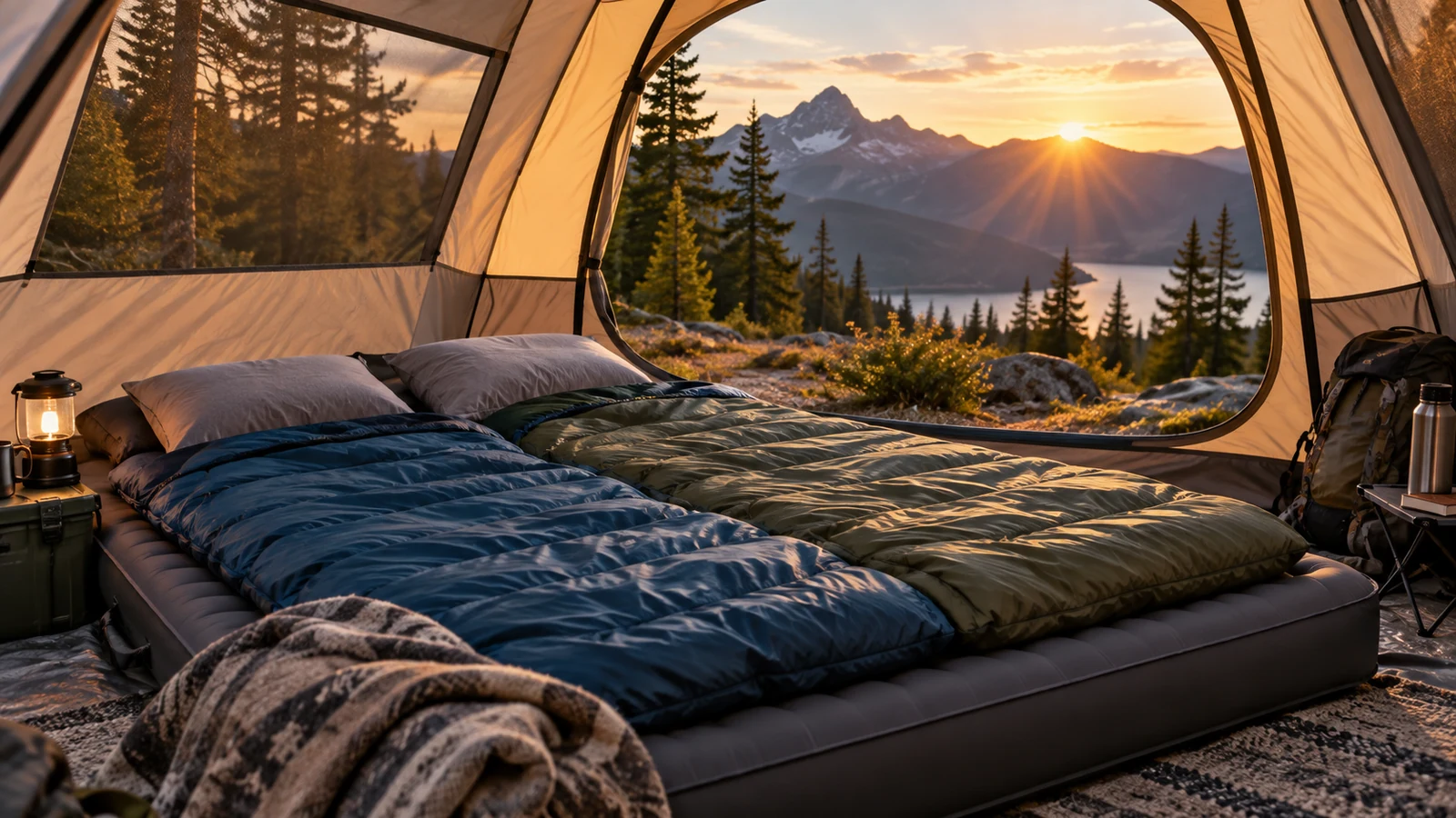 Double camping mattress with two sleeping bags inside a large tent at sunrise