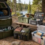 Stackable camping storage boxes organized beside an SUV at a forest campsite
