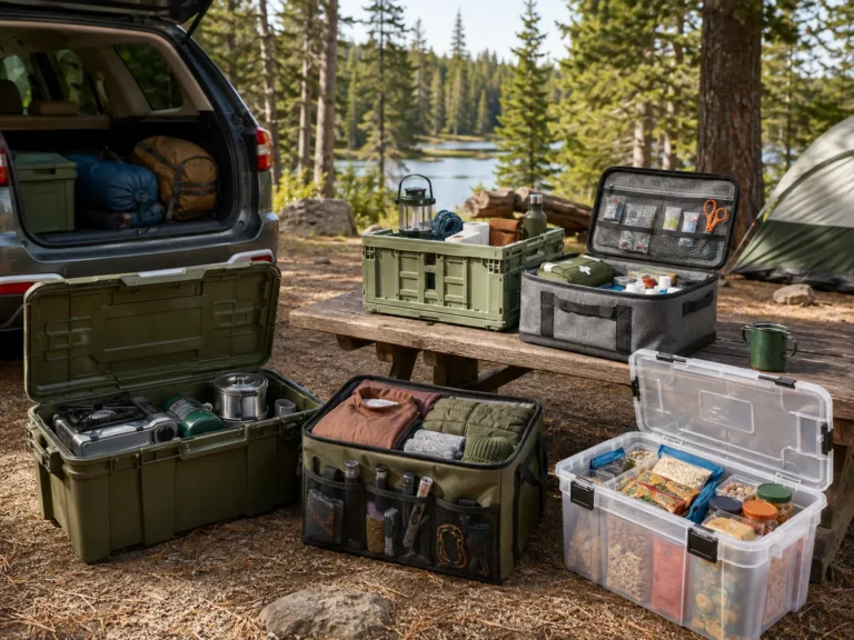 Stackable camping storage boxes organized beside an SUV at a forest campsite