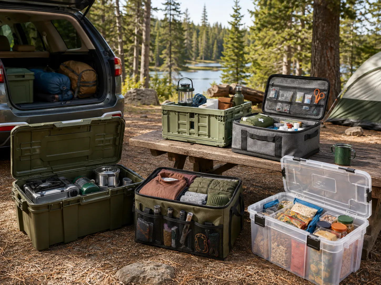 Stackable camping storage boxes organized beside an SUV at a forest campsite