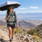 Hiker using a reflective umbrella on an exposed sunny mountain trail