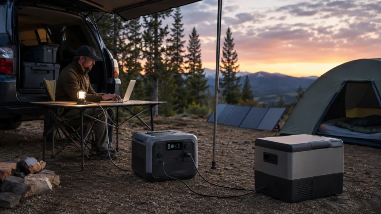 Portable power station running campsite electronics beside a tent and vehicle
