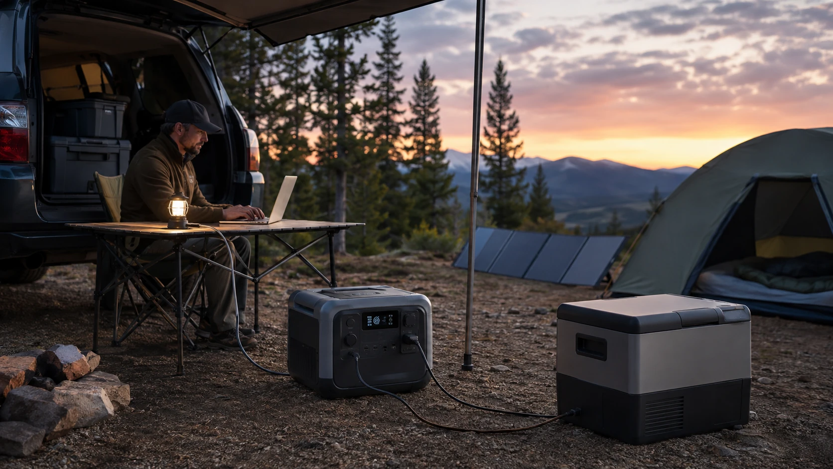 Portable power station running campsite electronics beside a tent and vehicle