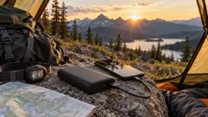 Compact power bank charging a phone beside backpacking gear at an alpine campsite