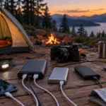 Power banks charging camping electronics on a table beside a tent at dusk
