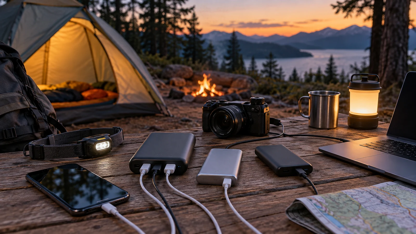 Power banks charging camping electronics on a table beside a tent at dusk
