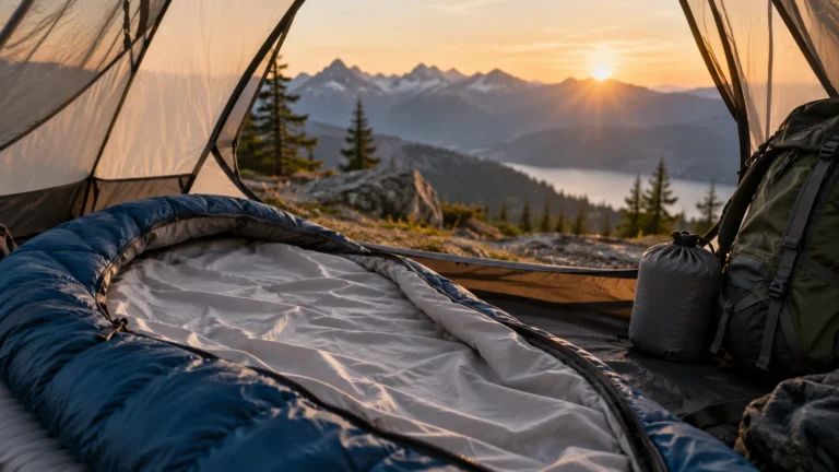 Backpacking sleeping bag with a light liner inside a tent at sunrise