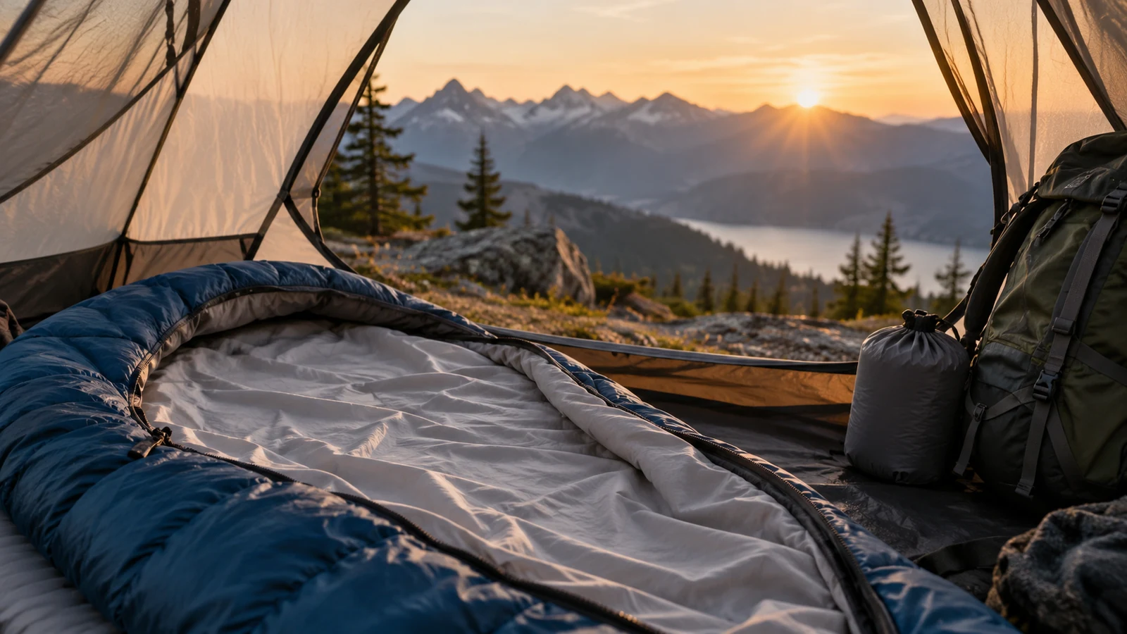 Backpacking sleeping bag with a light liner inside a tent at sunrise