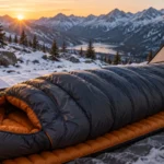 Cold-weather sleeping bag on an insulated pad inside a winter tent overlooking snowy mountains