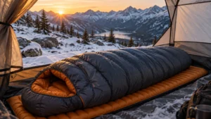 Cold-weather sleeping bag on an insulated pad inside a winter tent overlooking snowy mountains