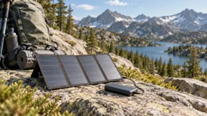 Compact folding solar panel charging a power bank beside a backpack in alpine terrain