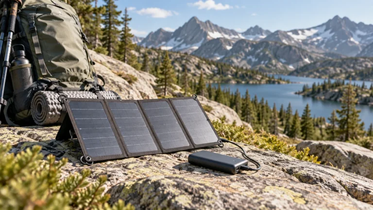 Compact folding solar panel charging a power bank beside a backpack in alpine terrain