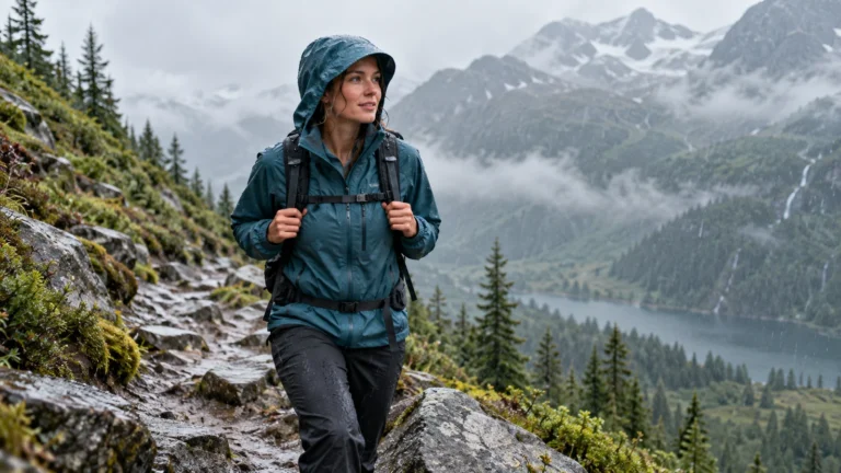 Woman hiking a wet mountain trail in a hooded rain jacket
