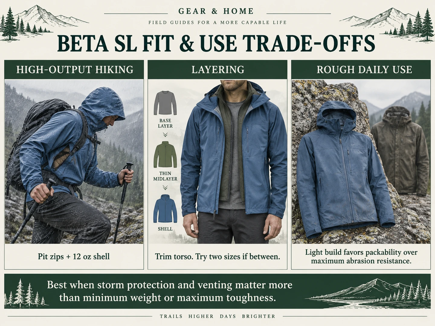 Arc'teryx Beta SL fit and use trade-offs for high-output hiking, layering, and rough daily use