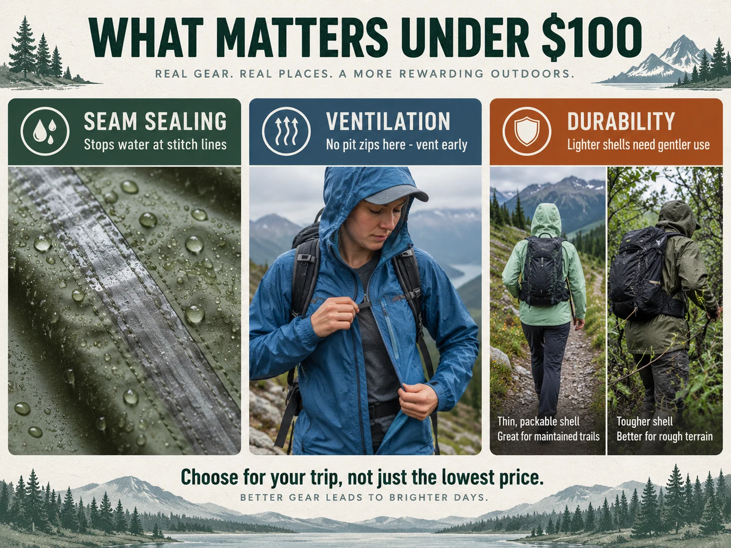 Budget rain jacket buying factors including seam sealing, ventilation and durability