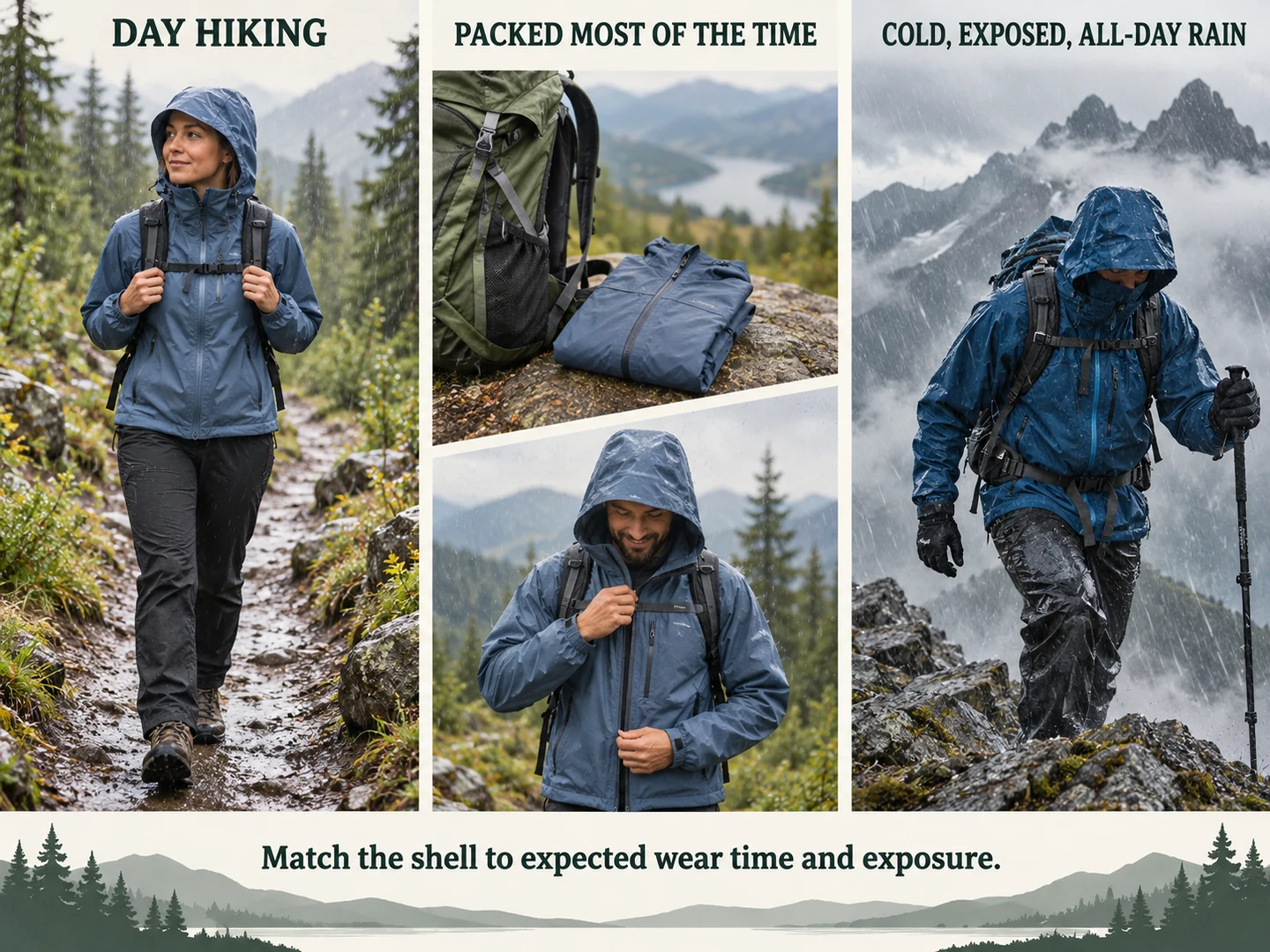 Budget rain jacket scenarios for day hiking, packed backup use and cold all-day rain