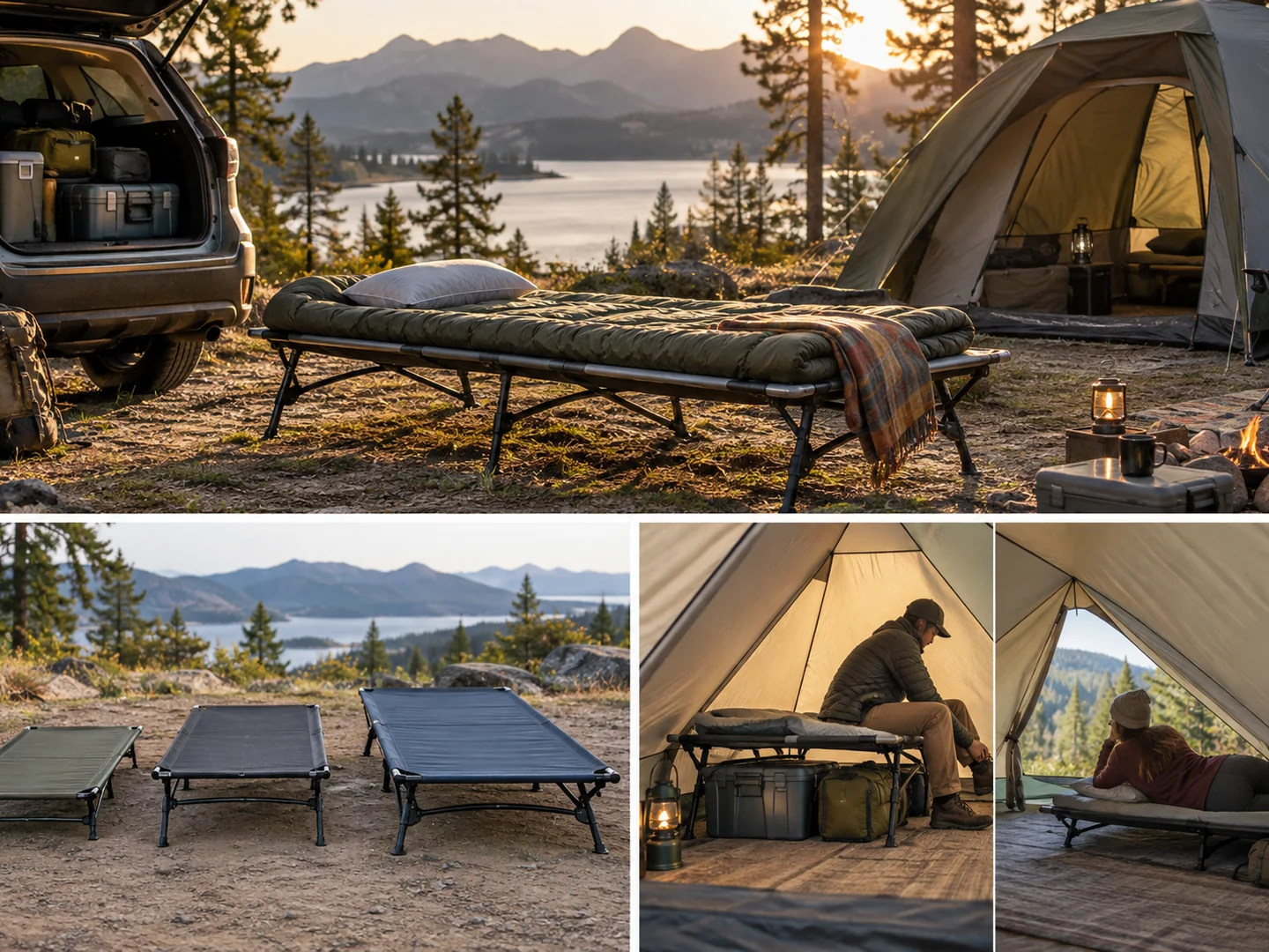 Camping cot size and height trade-offs shown across car-camping setups