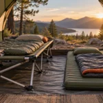 Camping cot and sleeping pad set up side by side inside a spacious tent at a mountain campsite