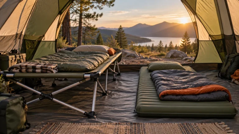 Camping cot and sleeping pad set up side by side inside a spacious tent at a mountain campsite