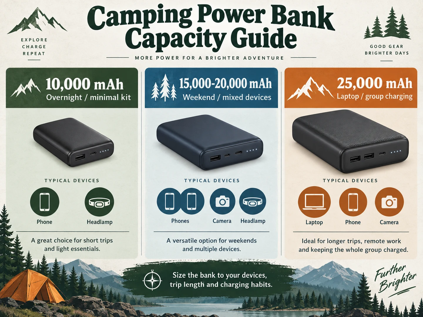 Camping power bank capacity guide comparing 10000, 20000 and 25000 mAh use cases
