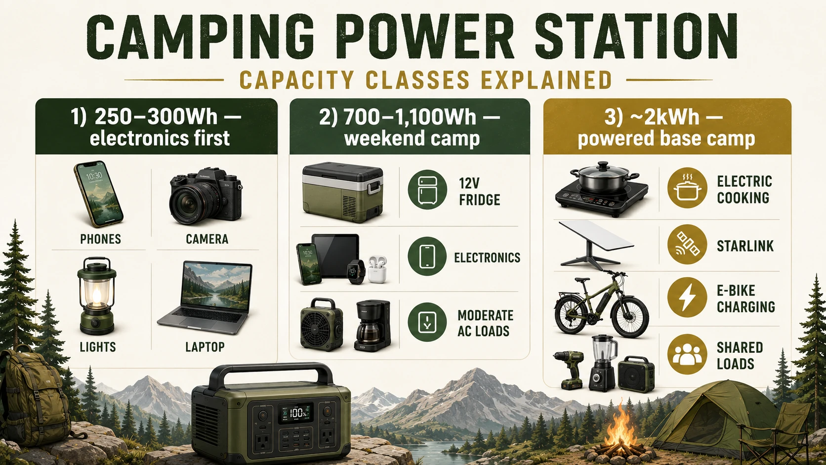 Camping power station capacity classes from compact 300Wh to 1.5–2kWh base camp systems
