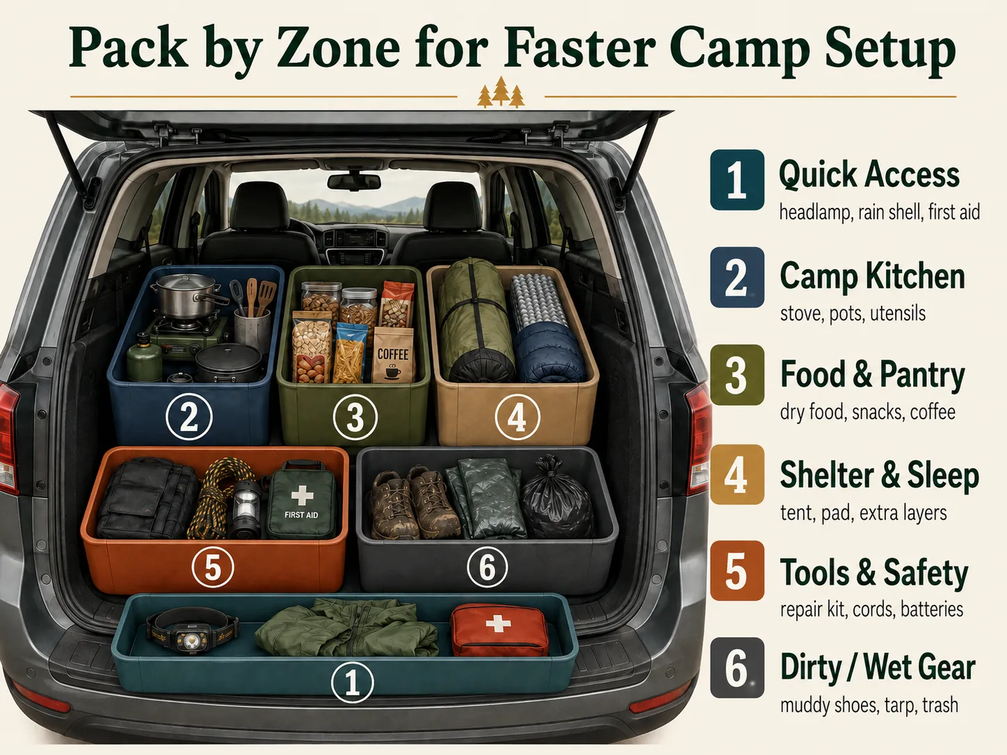 Camping storage box packing system organized into kitchen, shelter, lighting and power, hygiene, and trash zones