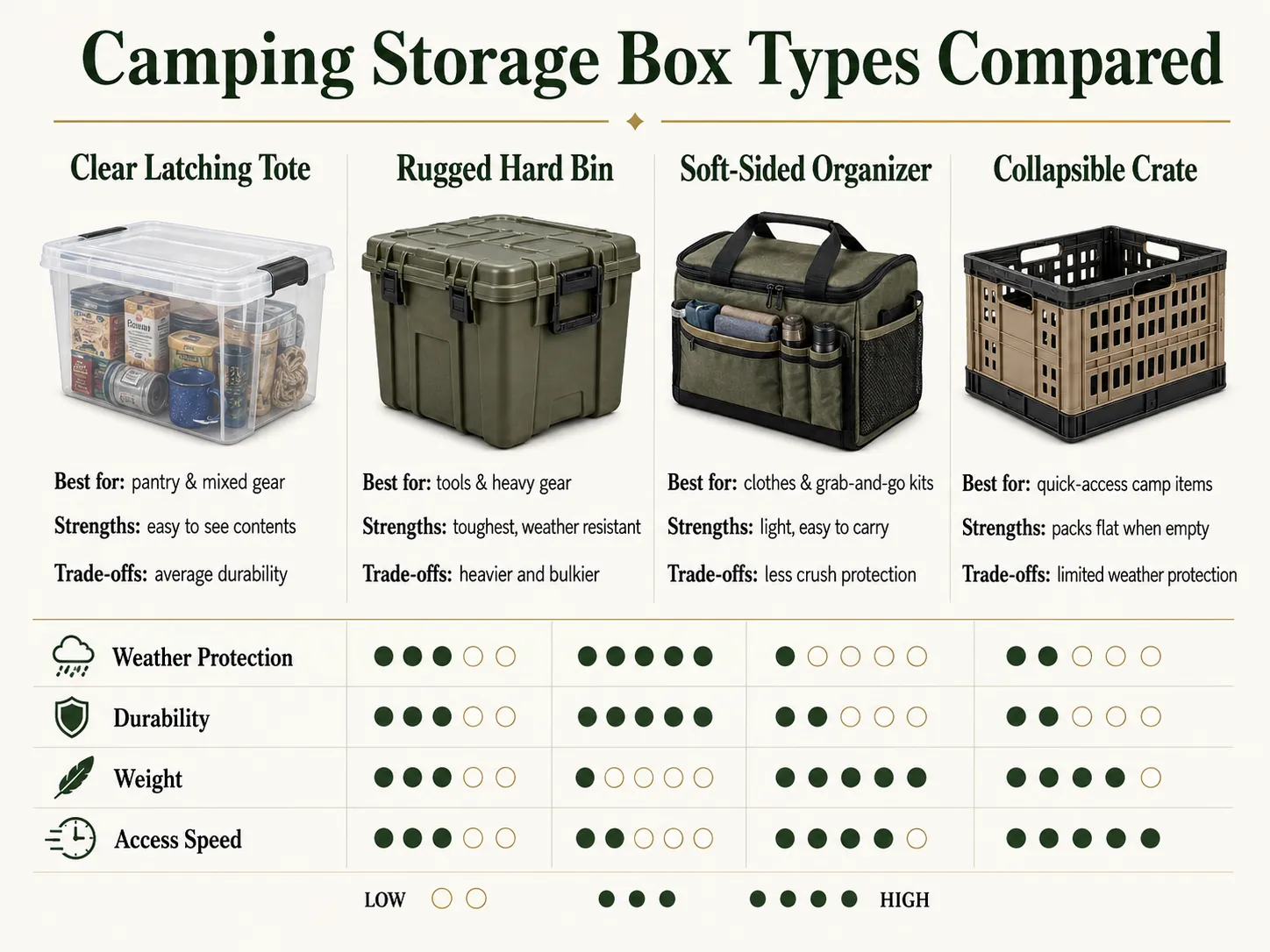 Hard sealed case, collapsible gear box, wheeled trunk, modular overland box, and clear gasket tote compared for camping storage
