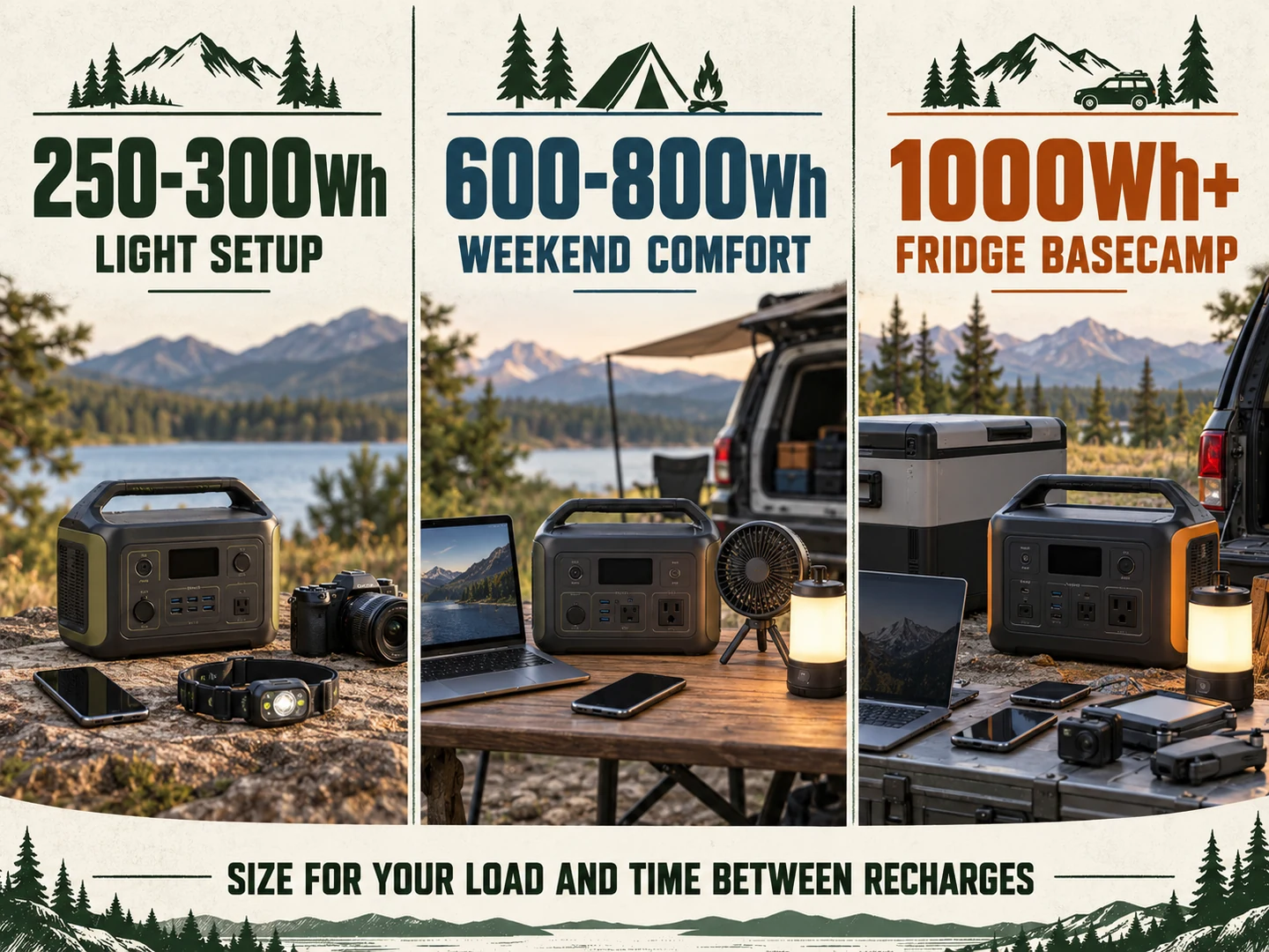 Car camping power station capacity classes from 250 to 300Wh light setups through 1000Wh fridge basecamps