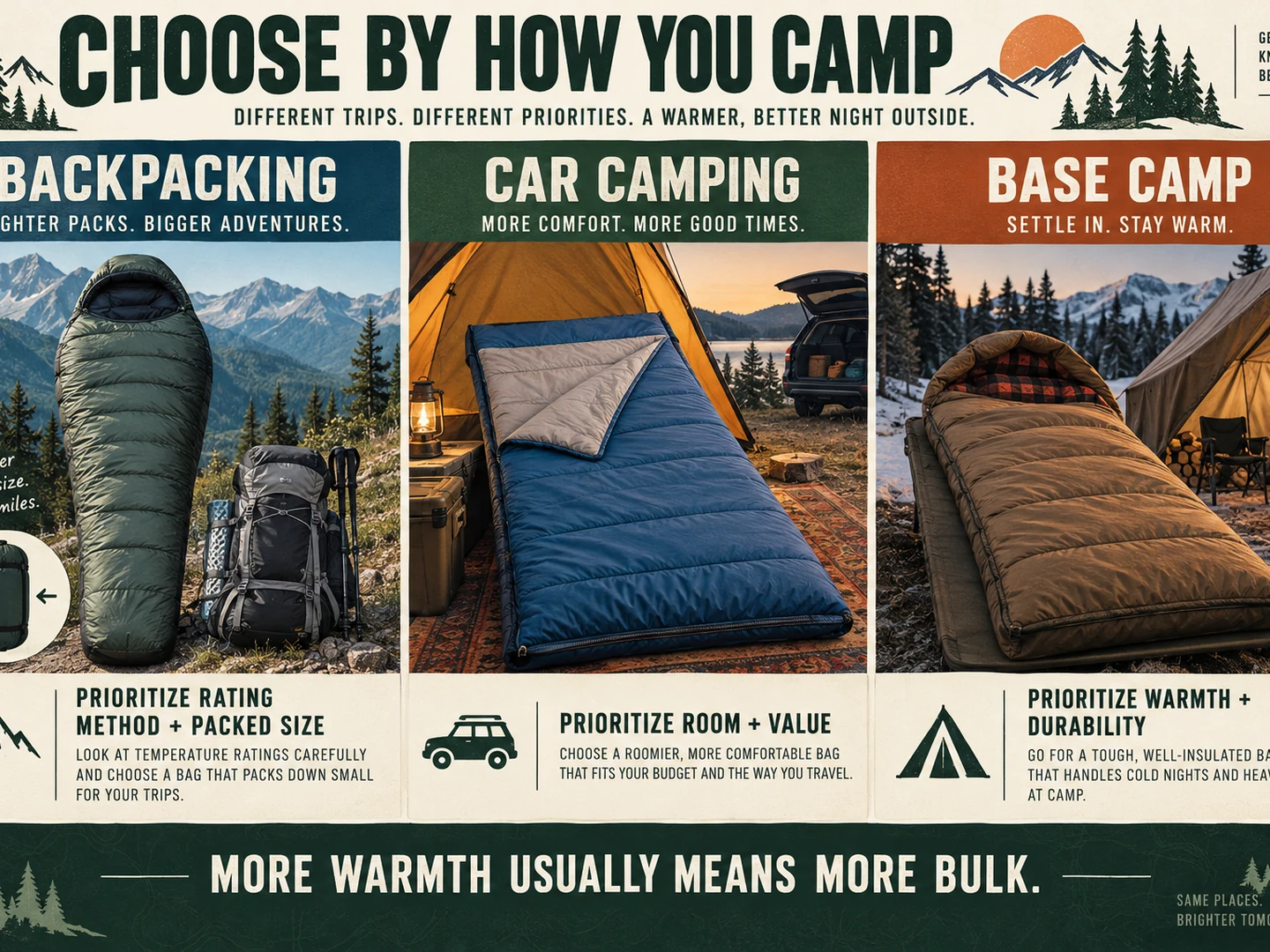 Illustrated comparison of sleeping bag priorities for backpacking, car camping and base camp