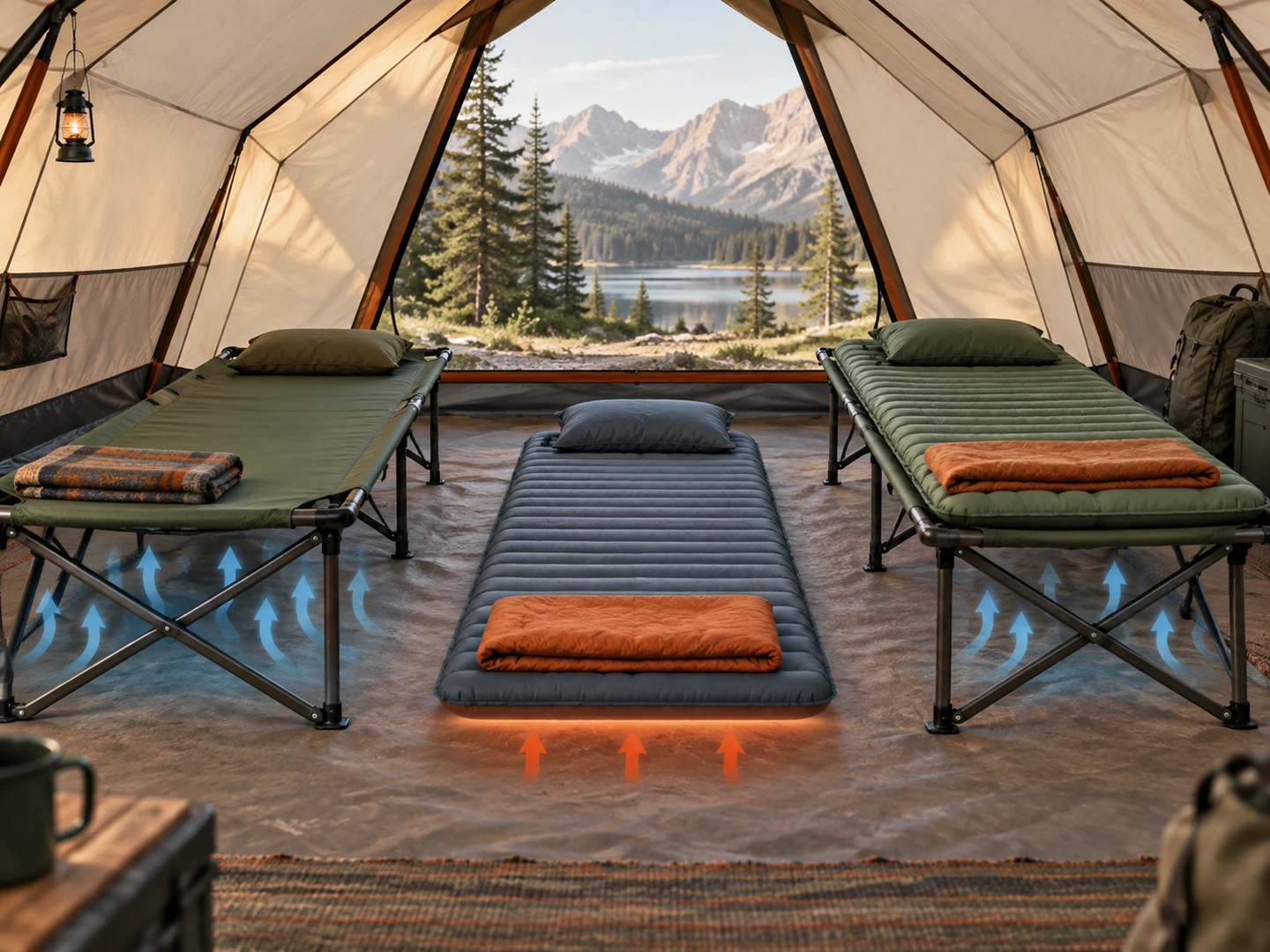 Camping cot, insulated sleeping pad and cot with pad illustrating airflow and underside insulation