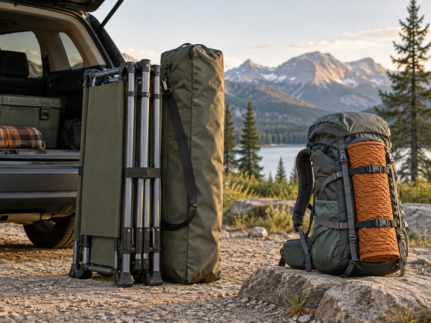 Folded camping cot beside a vehicle compared with a compact sleeping pad attached to a backpack