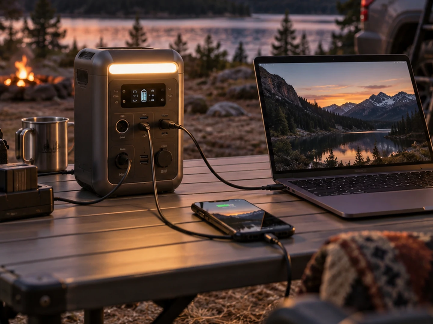 Generic DC camping power hub charging a USB-C laptop and phone directly at camp
