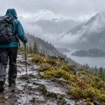 Backpacker wearing rain pants on a wet mountain trail in steady rain
