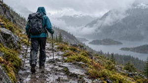Backpacker wearing rain pants on a wet mountain trail in steady rain