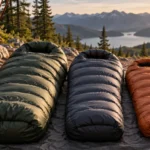 Three unbranded down sleeping bags at an alpine campsite at sunset