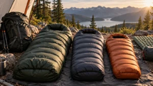 Three unbranded down sleeping bags at an alpine campsite at sunset