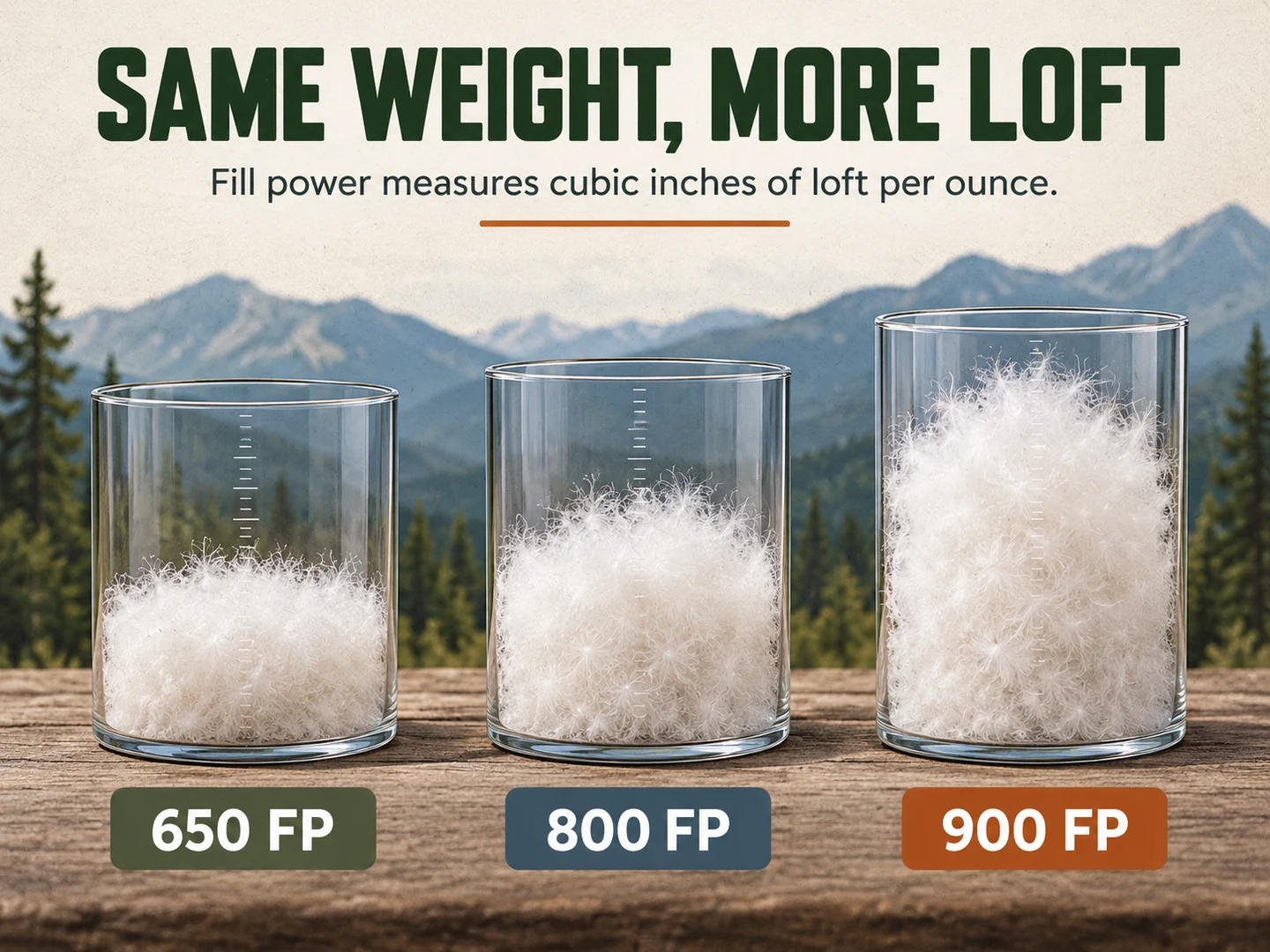 One ounce of 650, 800 and 900 fill power down shown at increasing loft volumes