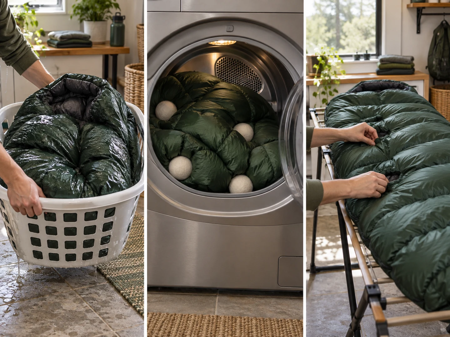 Wet down sleeping bag supported for transfer, dried with dryer balls, then fluffed by hand