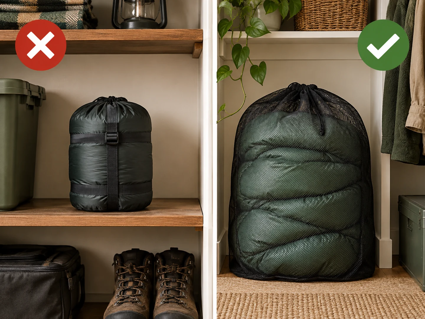 Compressed sleeping bag in a stuff sack compared with loose storage in a breathable mesh sack