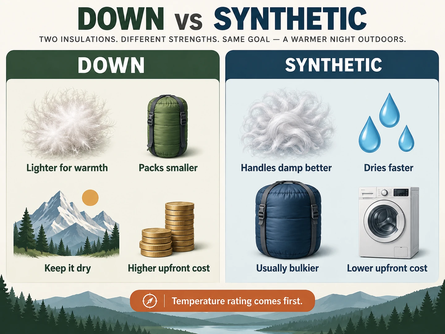 Down and synthetic sleeping bag insulation trade-offs for weight, pack size, moisture and cost