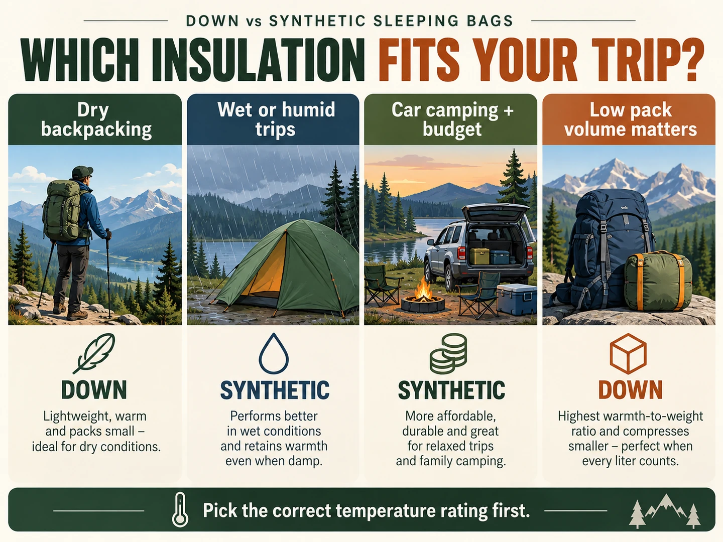 Down versus synthetic sleeping bag choices for dry backpacking, wet trips, car camping and low pack volume