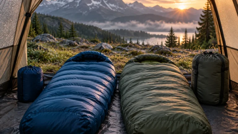 Down and synthetic sleeping bags beside compact stuff sacks inside an alpine tent