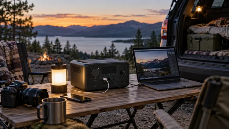 Compact portable power station powering a laptop and camera gear at a lakeside campsite