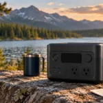 Compact unbranded portable power station at a mountain-lake campsite at sunset