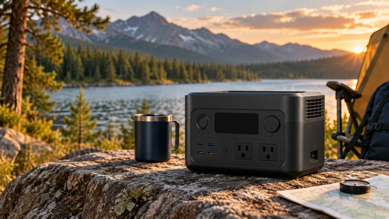 Compact unbranded portable power station at a mountain-lake campsite at sunset
