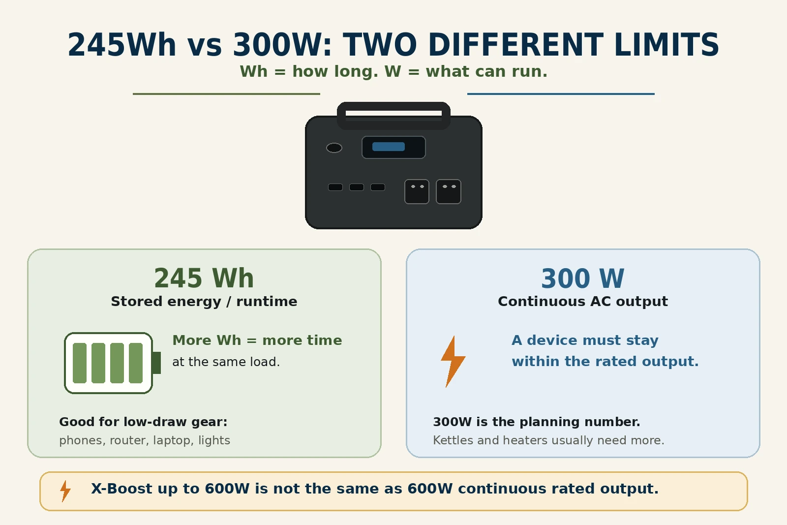 Infographic explaining the difference between the EcoFlow RIVER 3 245Wh capacity and 300W continuous AC output