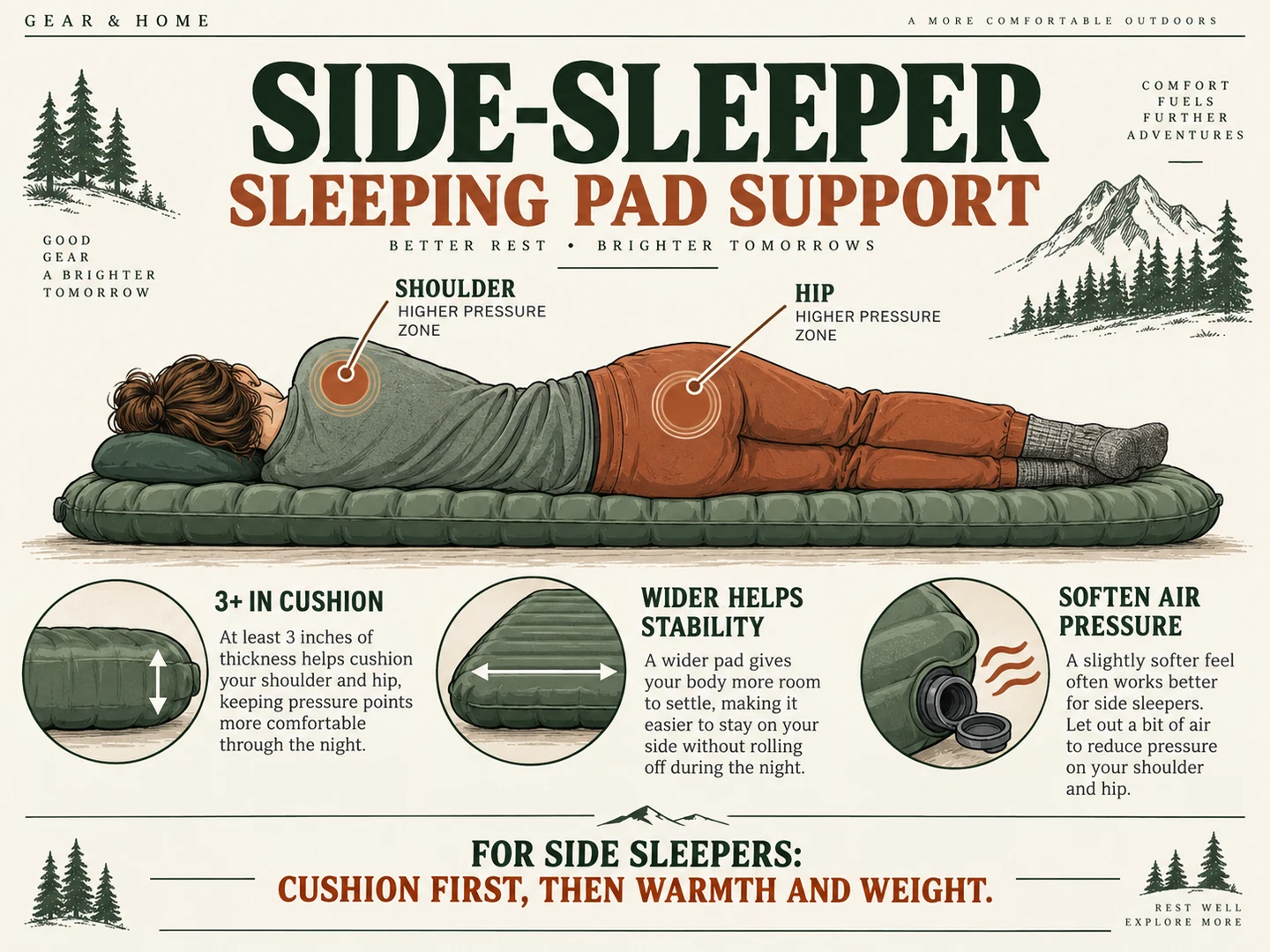 Side-sleeper sleeping pad support guide showing shoulder and hip pressure points