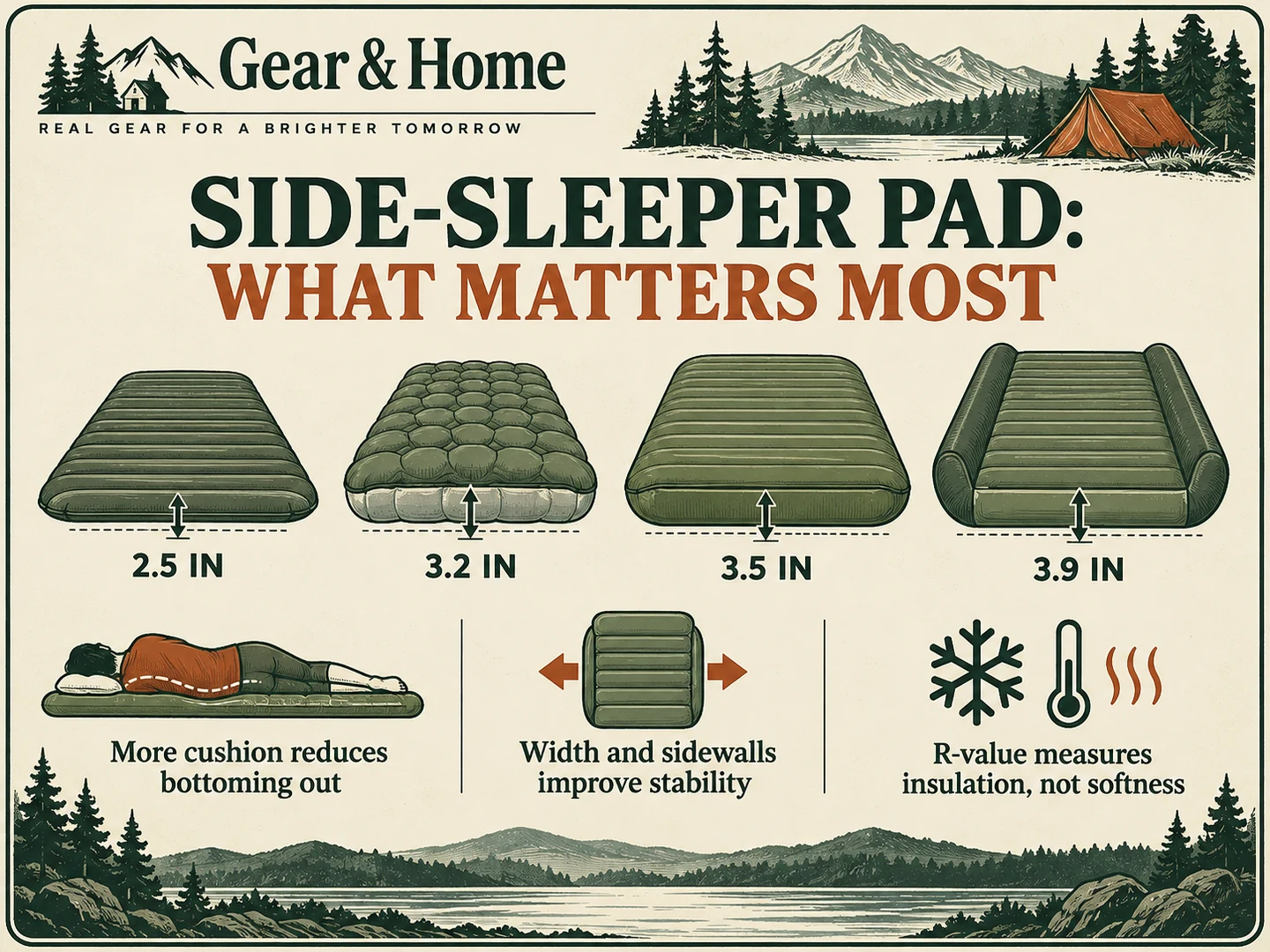 Sleeping pad thickness, width, sidewall and R-value comparison for side sleepers