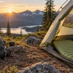 Closed-cell foam pad strapped to a backpack beside an inflatable sleeping pad in a mountain campsite